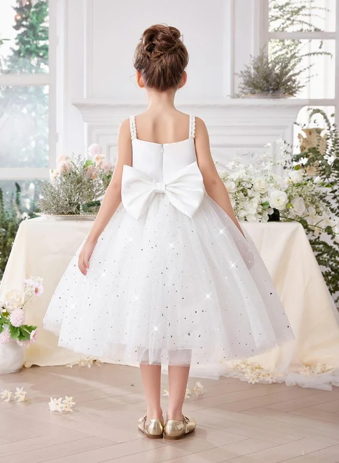 تايك تو فستان ميدي بناتي أبيض شبكي مزين وبسيور